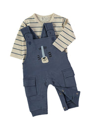 Babybol navy tiger dungarees and striped top set - detail view