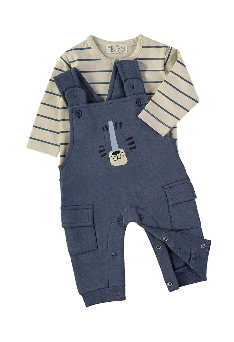 Babybol navy tiger dungarees and striped top set - detail view