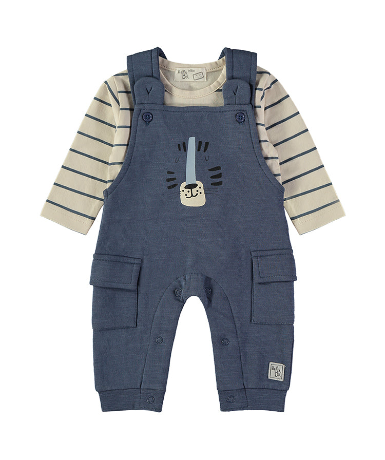 Babybol navy tiger dungarees and striped top set - front view