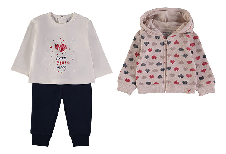 Babybol 3-piece heart print hoodie, top and joggers set - front view