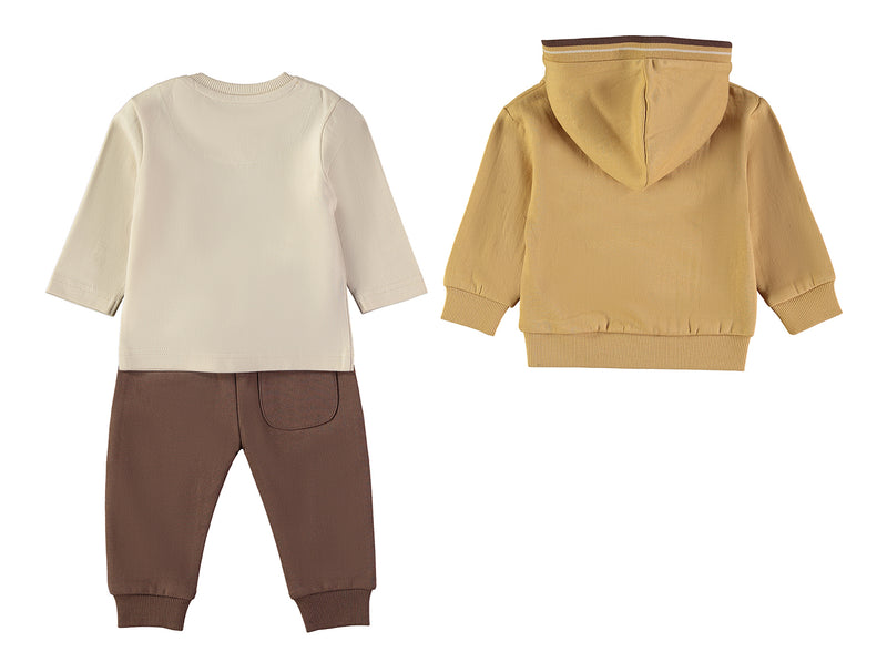 Babybol 3-piece car print top, mustard hoodie and brown joggers set - back view