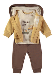 Babybol 3-piece car print top, mustard hoodie and brown joggers set - detail view