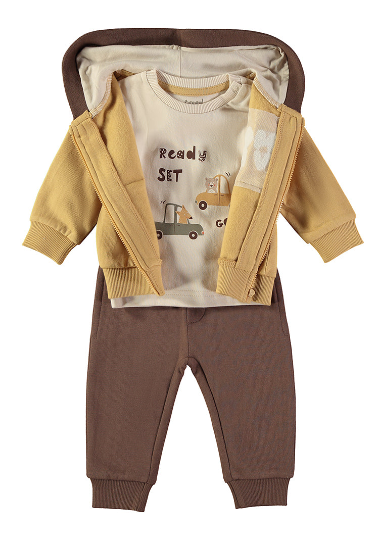 Babybol 3-piece car print top, mustard hoodie and brown joggers set - detail view