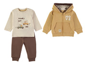 Babybol 3-piece car print top, mustard hoodie and brown joggers set - front view