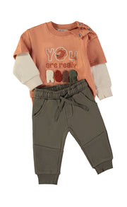 Babybol ROARsome sweatshirt and khaki joggers set - detail view