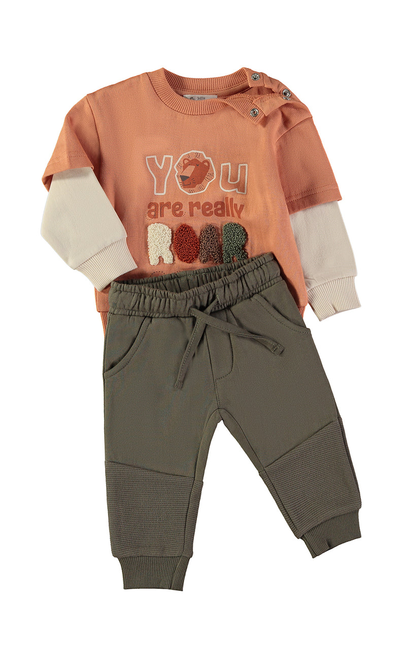 Babybol ROARsome sweatshirt and khaki joggers set - detail view