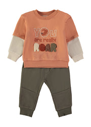 Babybol ROARsome sweatshirt and khaki joggers set - front view