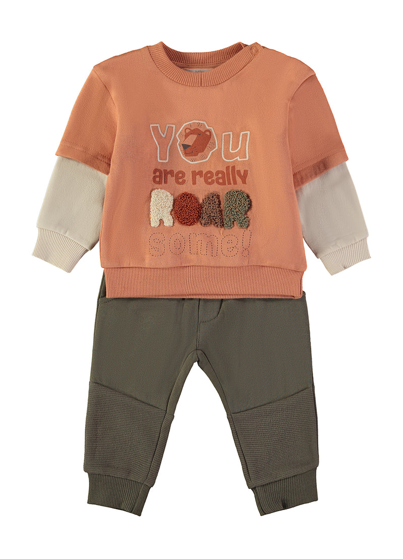 Babybol ROARsome sweatshirt and khaki joggers set - front view