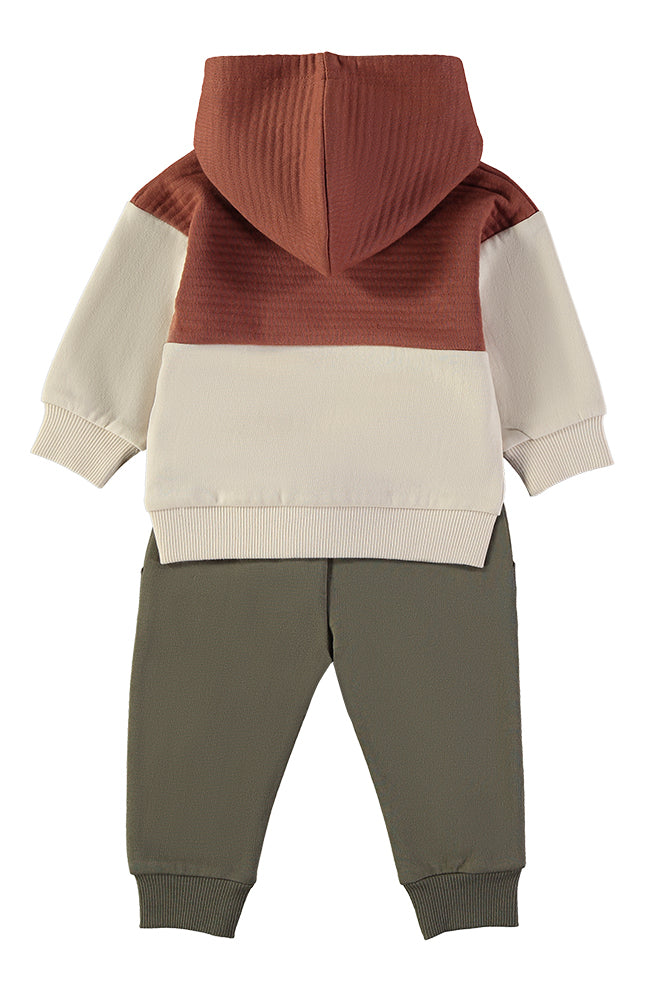 Babybol lion face colour-block hoodie and khaki joggers set - back view
