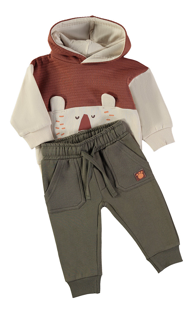 Babybol lion face colour-block hoodie and khaki joggers set - detail view