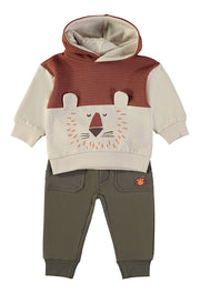Babybol lion face colour-block hoodie and khaki joggers set - front view