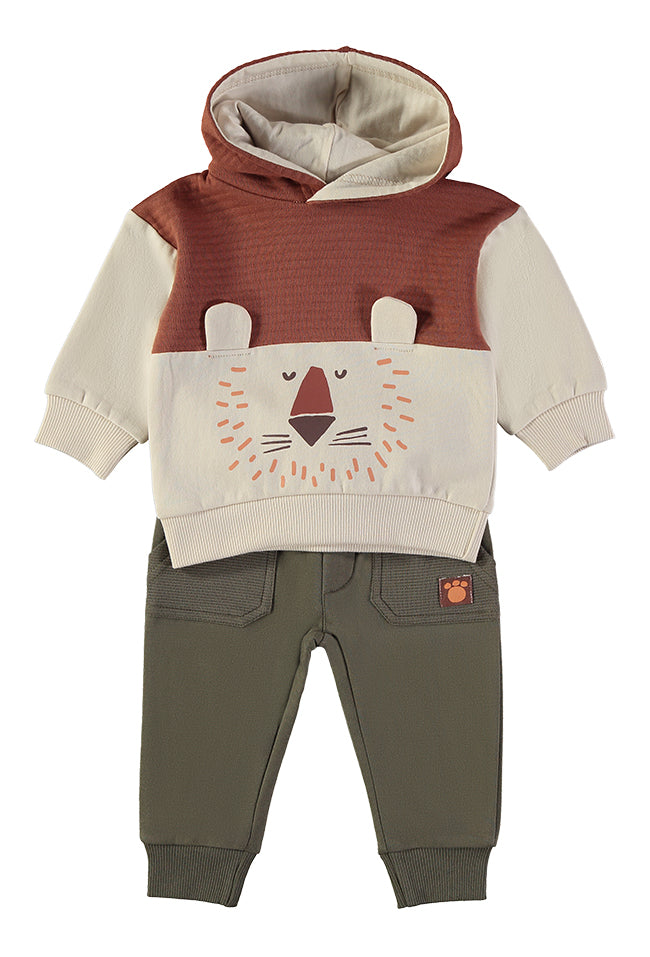 Babybol lion face colour-block hoodie and khaki joggers set - front view