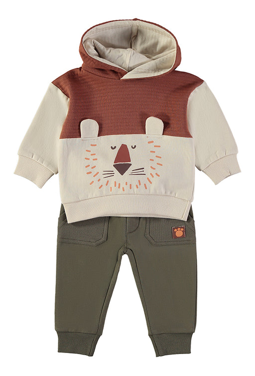 Babybol lion face colour-block hoodie and khaki joggers set - front view
