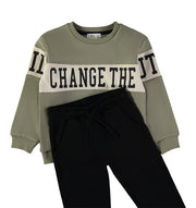 Babybol Change The Future khaki sweatshirt and black joggers set - detail view