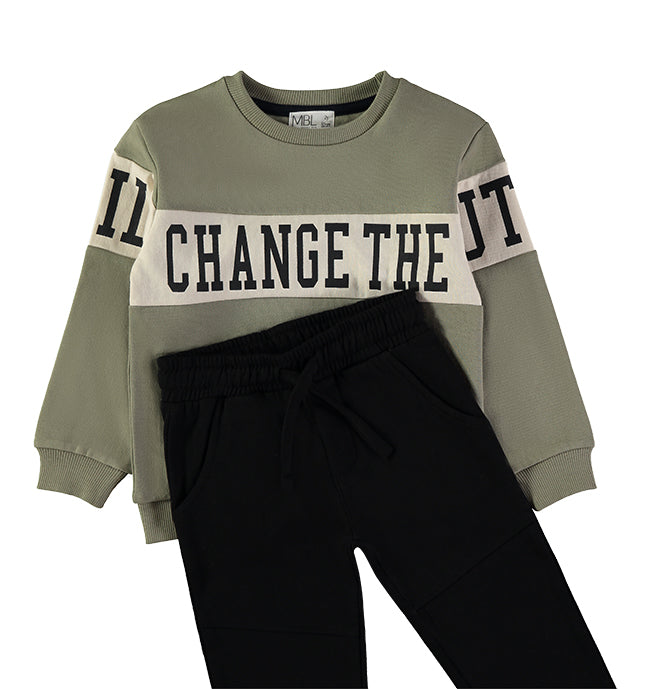Babybol Change The Future khaki sweatshirt and black joggers set - detail view