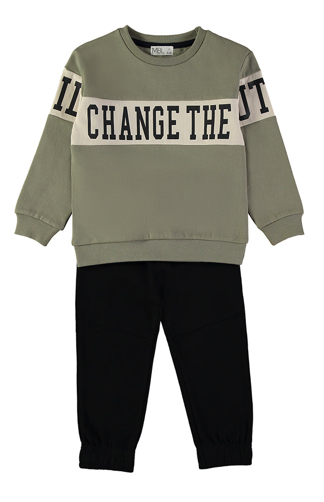 Babybol Change The Future khaki sweatshirt and black joggers set - front view