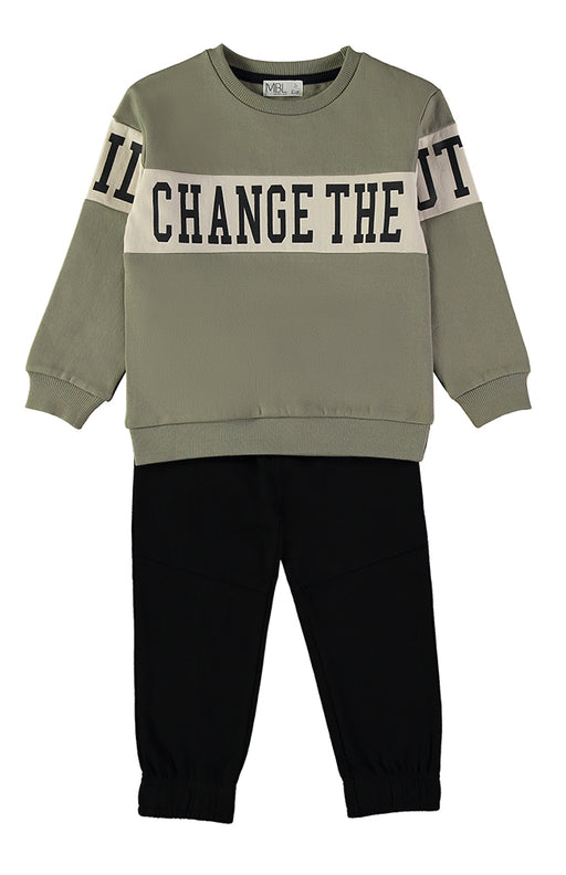 Babybol Change The Future khaki sweatshirt and black joggers set - front view