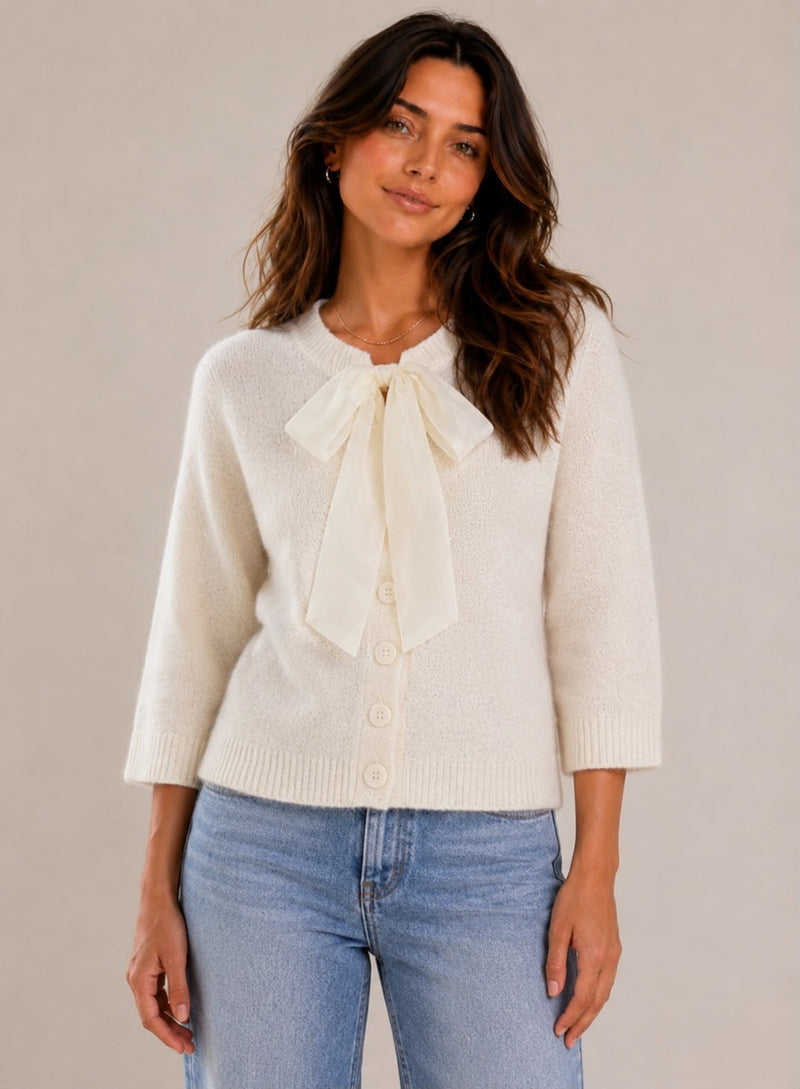 Kate Knit Cardigan with Bow | Cream DZ-2606