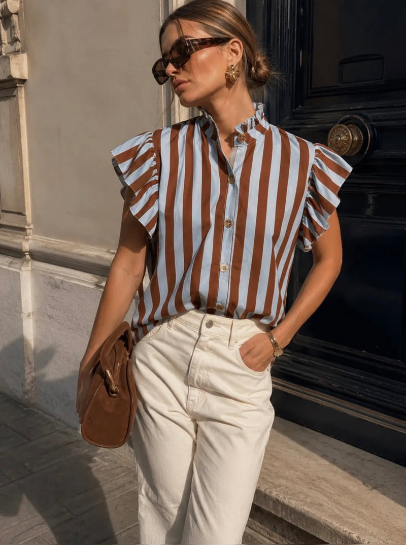 Emma & Ashley Striped Ruffle Blouse | Brown Stripe CH299