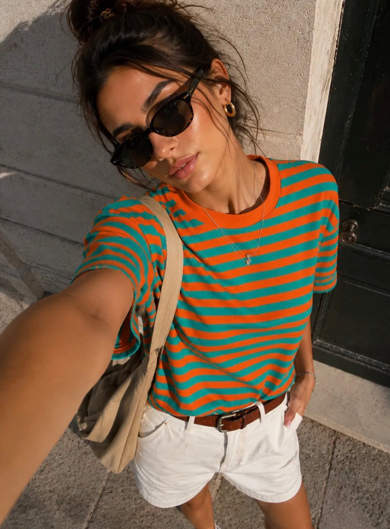 Emma & Ashley Dora Stripe Tee Shirt | Orange TE357