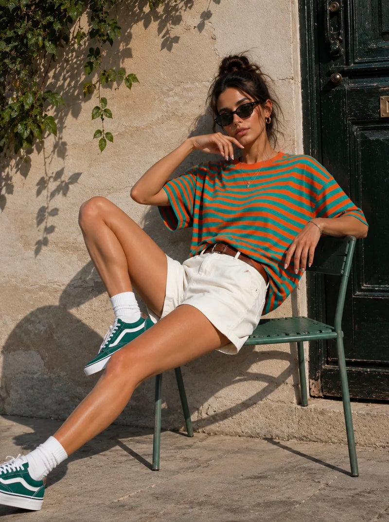 Emma & Ashley Dora Stripe Tee Shirt | Orange TE357