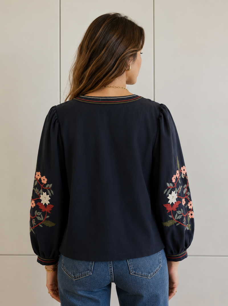 Cerise Blue Abbie Floral Embroidered Jacket | Navy T2028