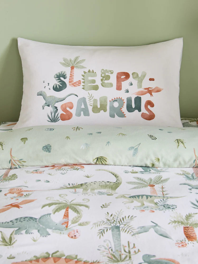 Catherine Lansfield Brushed Sleepy Saurus Dino Quilt Set | Cream