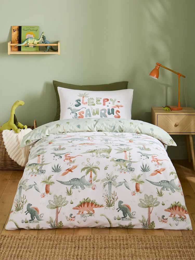 Catherine Lansfield Brushed Sleepy Saurus Dino Quilt Set | Cream