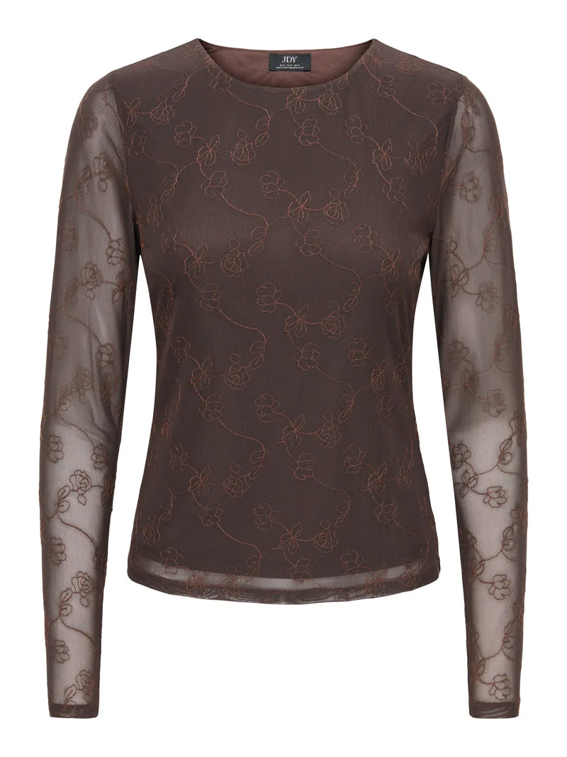 JDY Lemon L/S Floral Embroidered Mesh Long Sleeve Top | Caffee