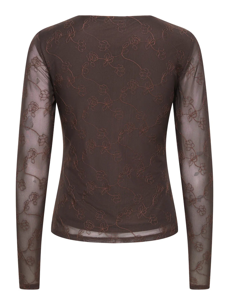 JDY Lemon L/S Floral Embroidered Mesh Long Sleeve Top | Caffee