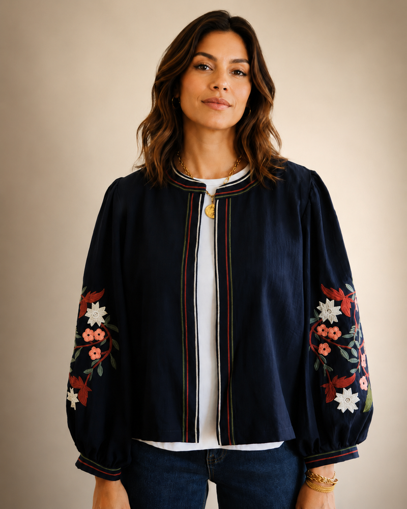 Cerise Blue Abbie Floral Embroidered Jacket | Navy T2028