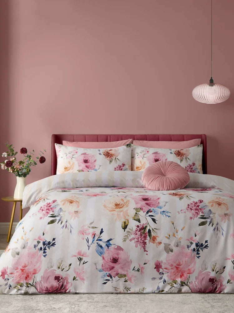 Catherine Lansfield Floral Stripe Reversible Quilt Set | Cream