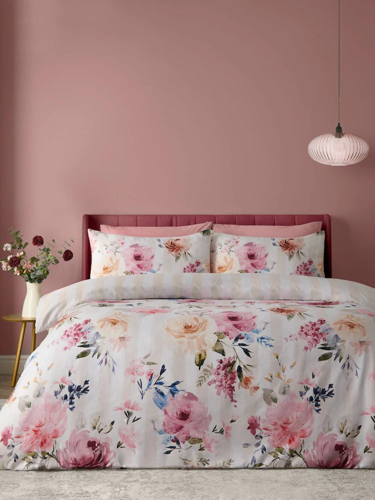 Catherine Lansfield Floral Stripe Reversible Quilt Set | Cream