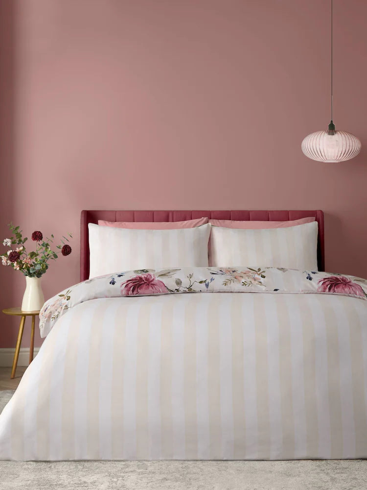 Catherine Lansfield Floral Stripe Reversible Quilt Set | Cream