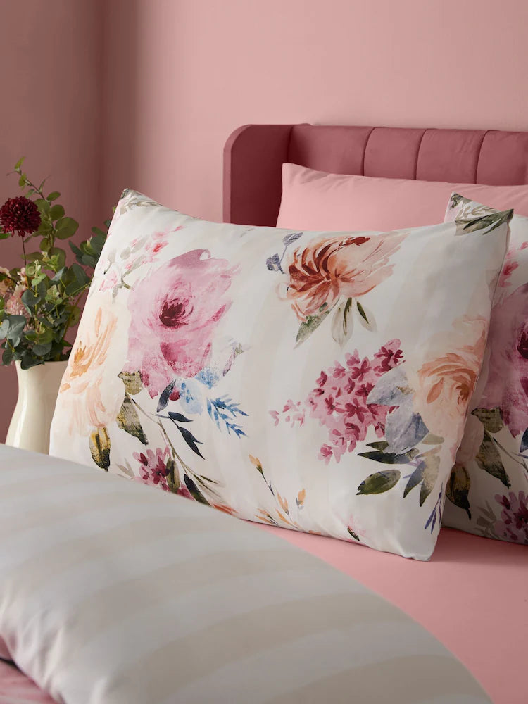 Catherine Lansfield Floral Stripe Reversible Quilt Set | Cream