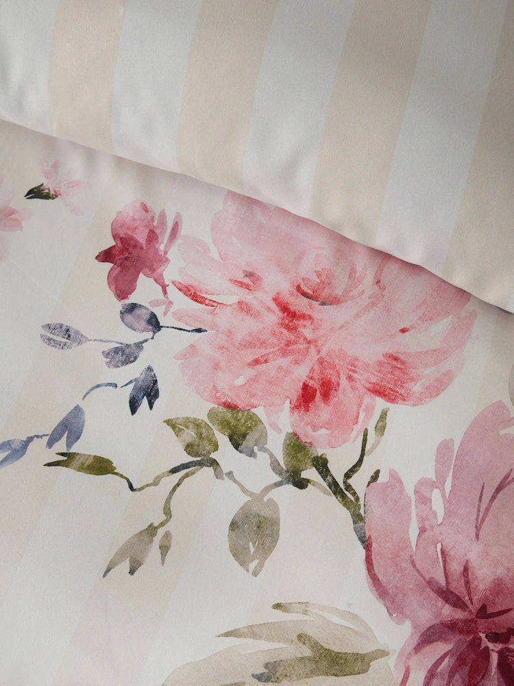Catherine Lansfield Floral Stripe Reversible Quilt Set | Cream