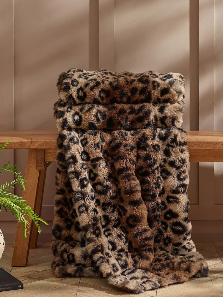 Catherine Lansfield Animal Print Faux Fur Throw | Brown