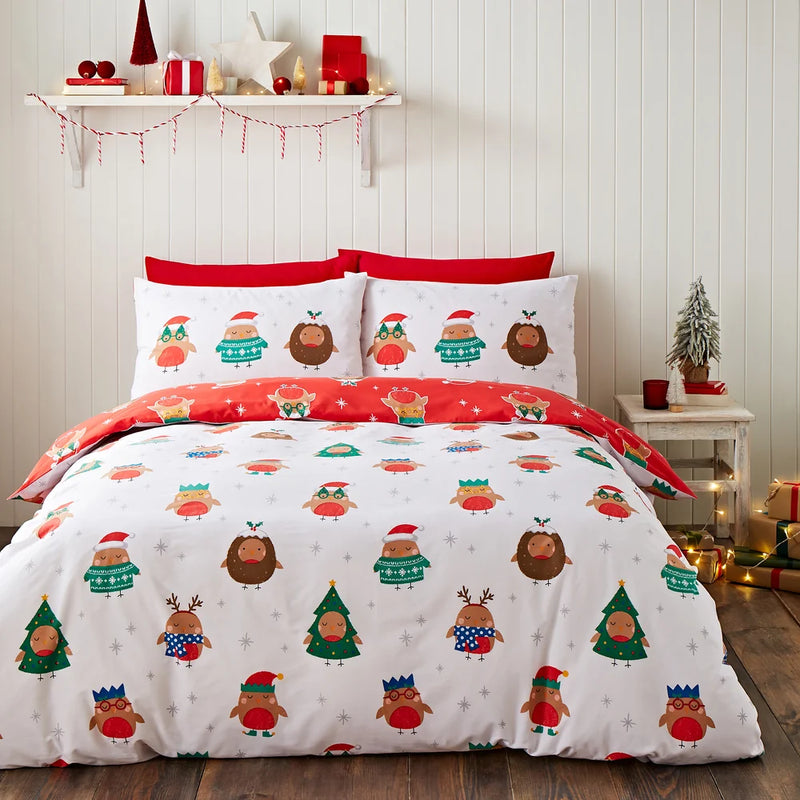 Catherine Lansfield Christmas Party Robins reversible Duvet Set | White/Red 385729