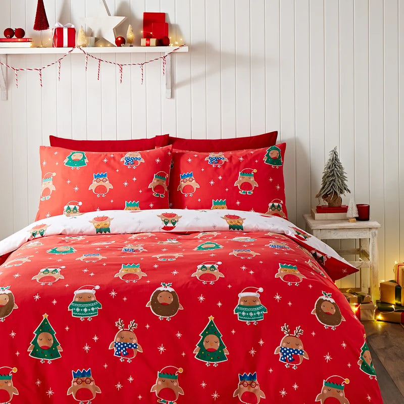 Catherine Lansfield Christmas Party Robins reversible Duvet Set | White/Red 385729