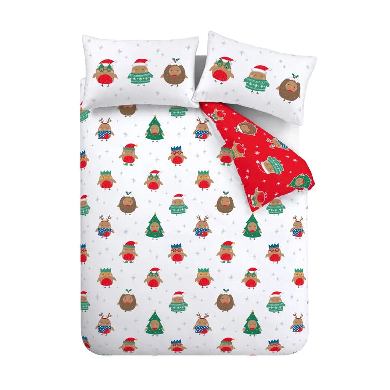 Catherine Lansfield Christmas Party Robins reversible Duvet Set | White/Red 385729