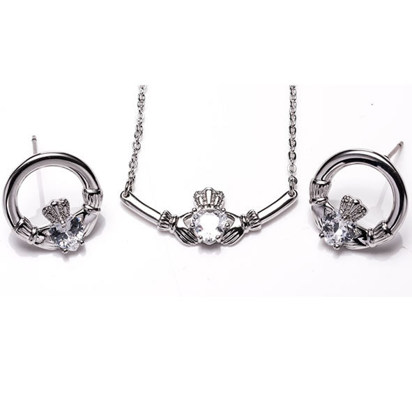 Newgrange  Claddagh White Stone Pendant & Earrings Set | Silver 600436