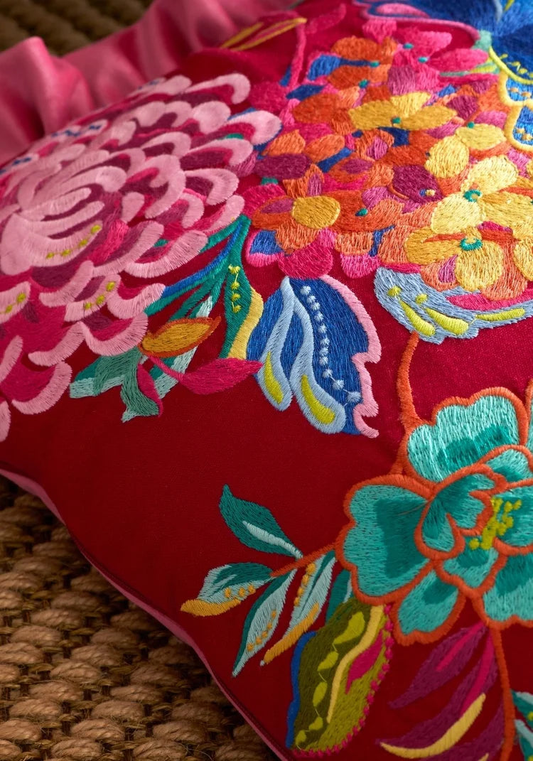 Sophie Robinson Flourish Floral Bloom Embroidered Filled Cushion | Bright