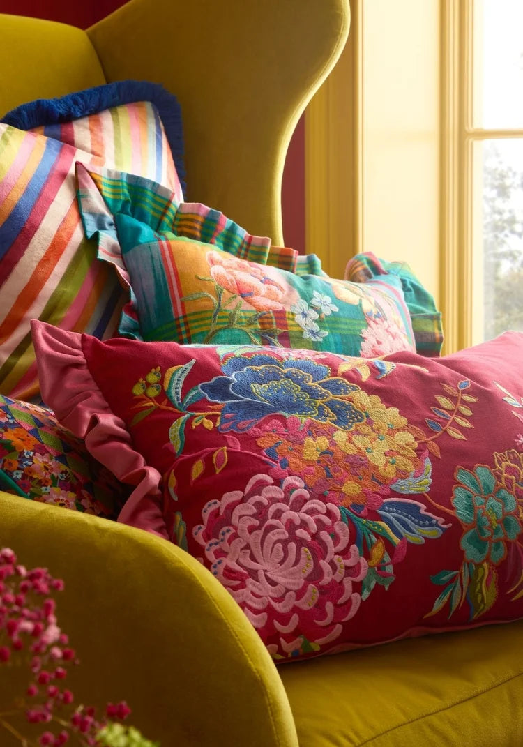 Sophie Robinson Flourish Floral Bloom Embroidered Filled Cushion | Bright