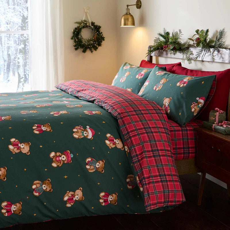 Catherine Lansfield Tartan Teddy Bear Duvet Set | Green