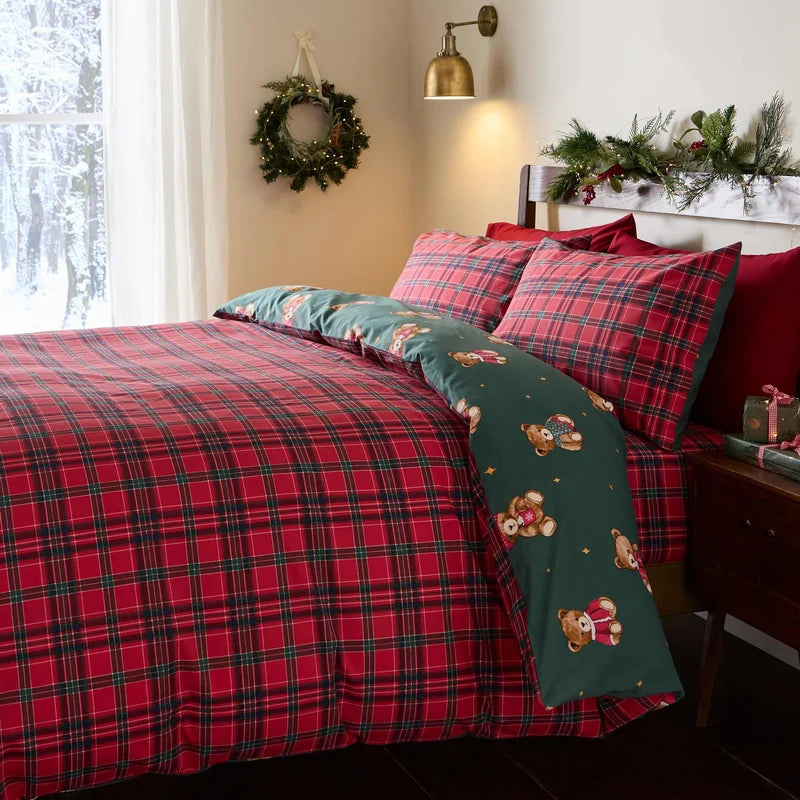 Catherine Lansfield Tartan Teddy Bear Duvet Set | Green