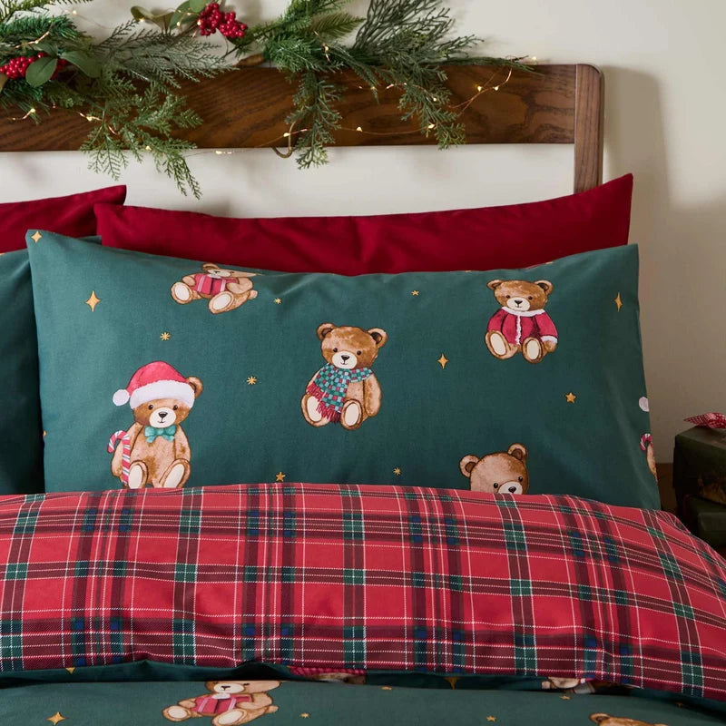 Catherine Lansfield Tartan Teddy Bear Duvet Set | Green