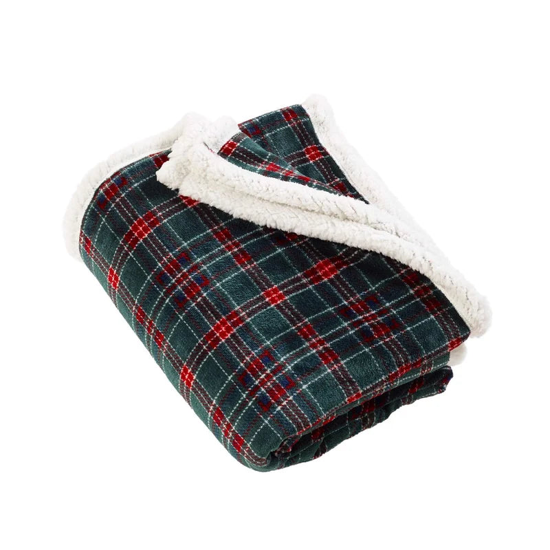 Catherine Lansfield Tartan Sherpa Check Blanket Throw | Green | 130x170cm