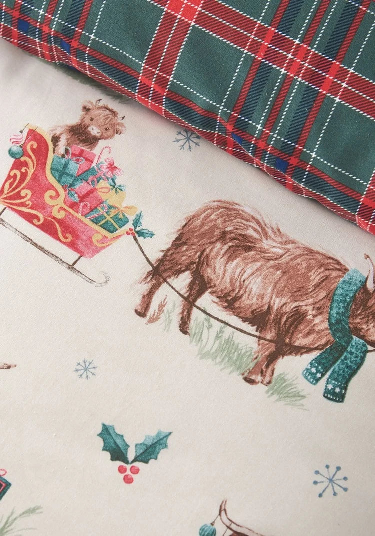 Catherine Lansfield Christmas Highland Cow Duvet Set | Natural/Check 385726