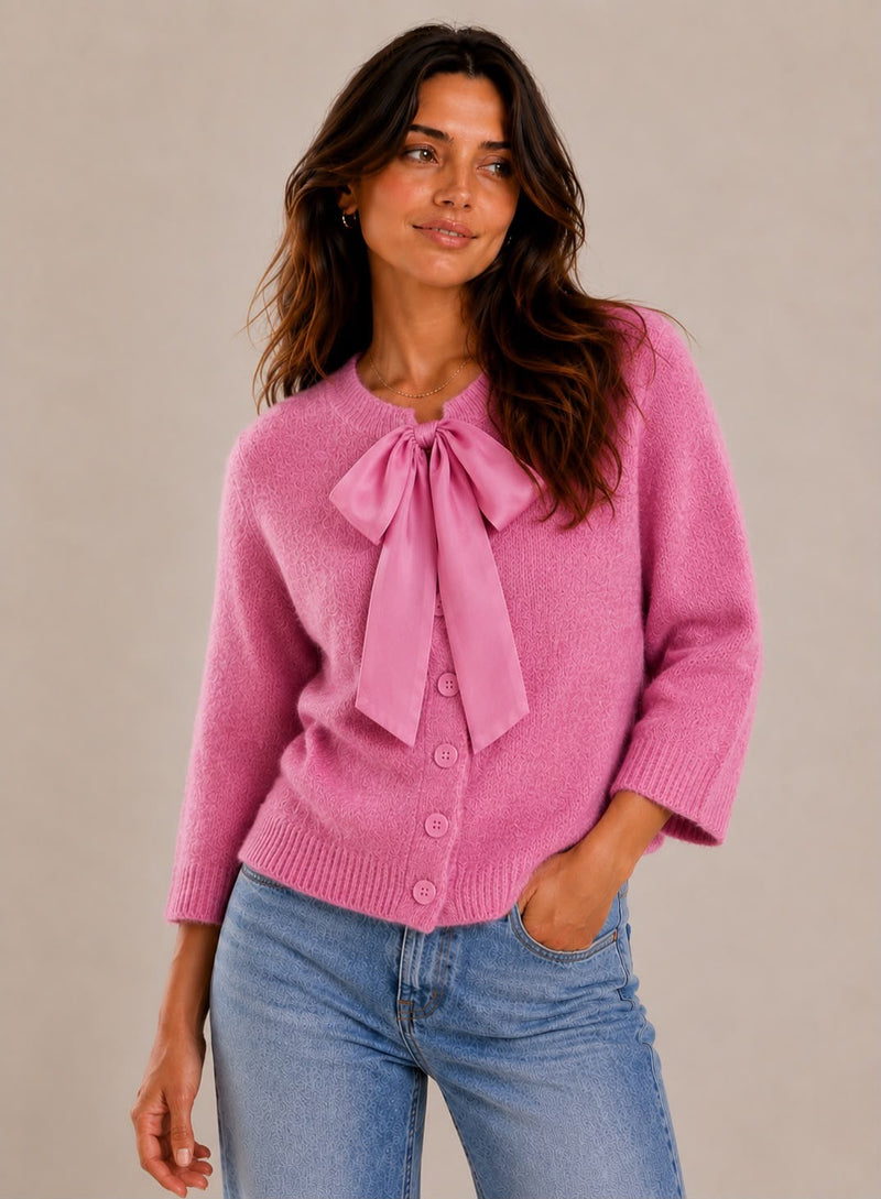 Kate Knit Cardigan with Bow | Pink DZ-2606