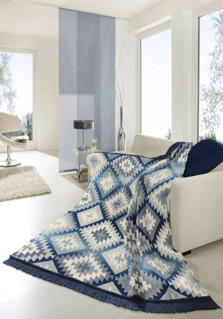 Biederlack Ikat Diamond Cotton Rich Blanket | Blue  B7716